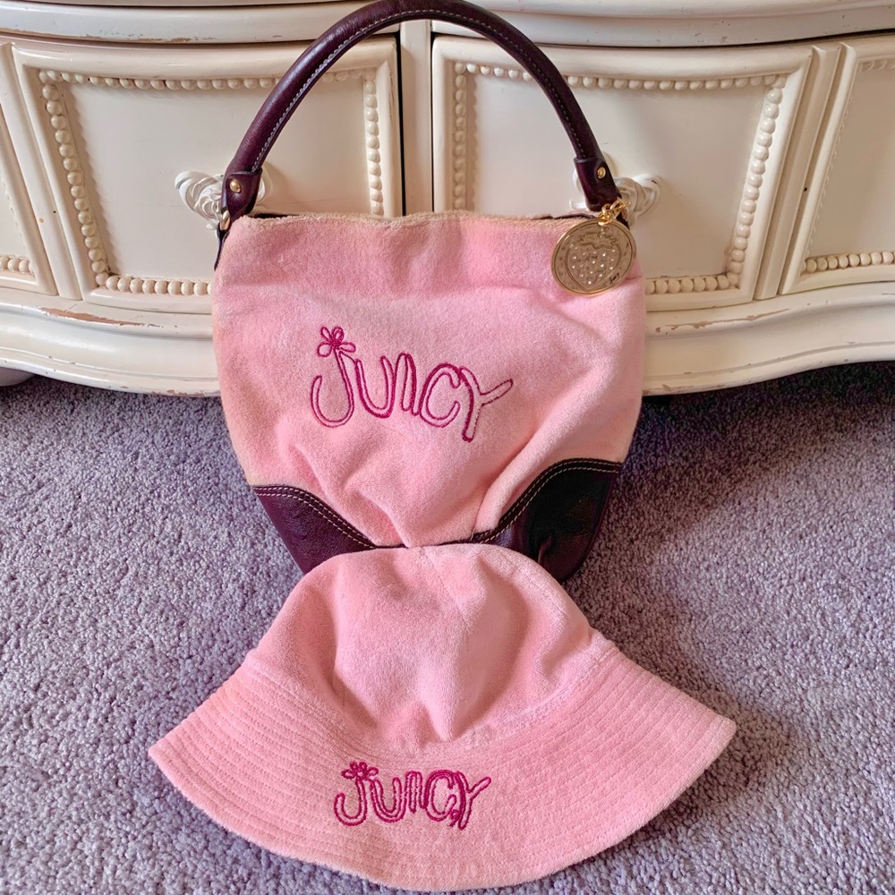 Y2K Juicy Couture Pink Terry Cloth Strawberry Bag and Hat Bundle